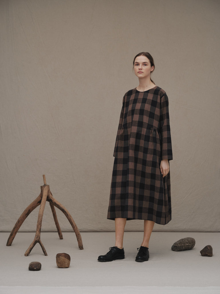Brown Check Side Gathers Dress C1150 (pre-order)