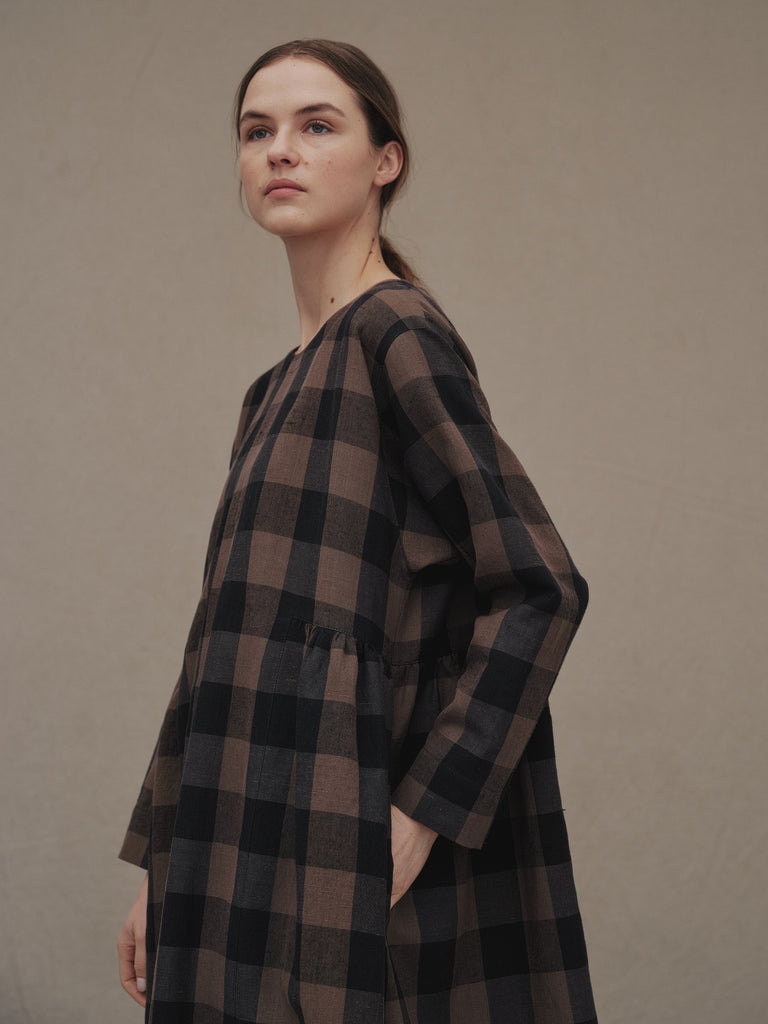 Brown Check Side Gathers Dress C1150 (pre-order)