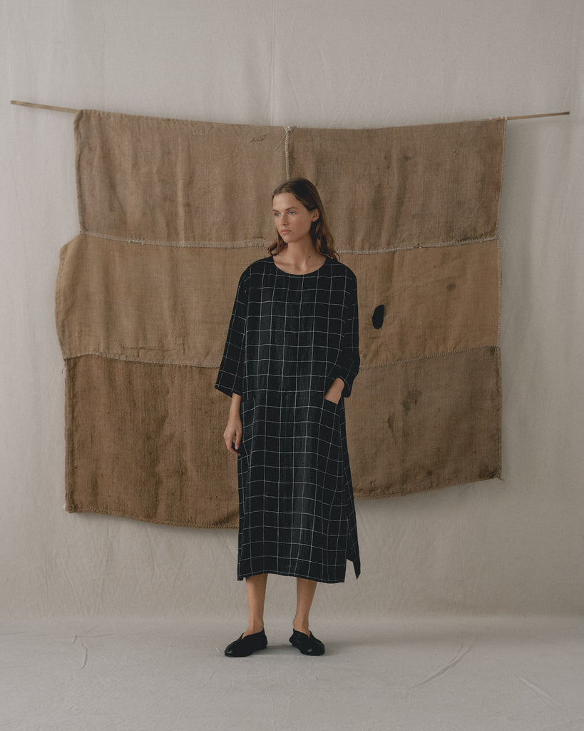 Black Checked Front Pockets Dress C1113