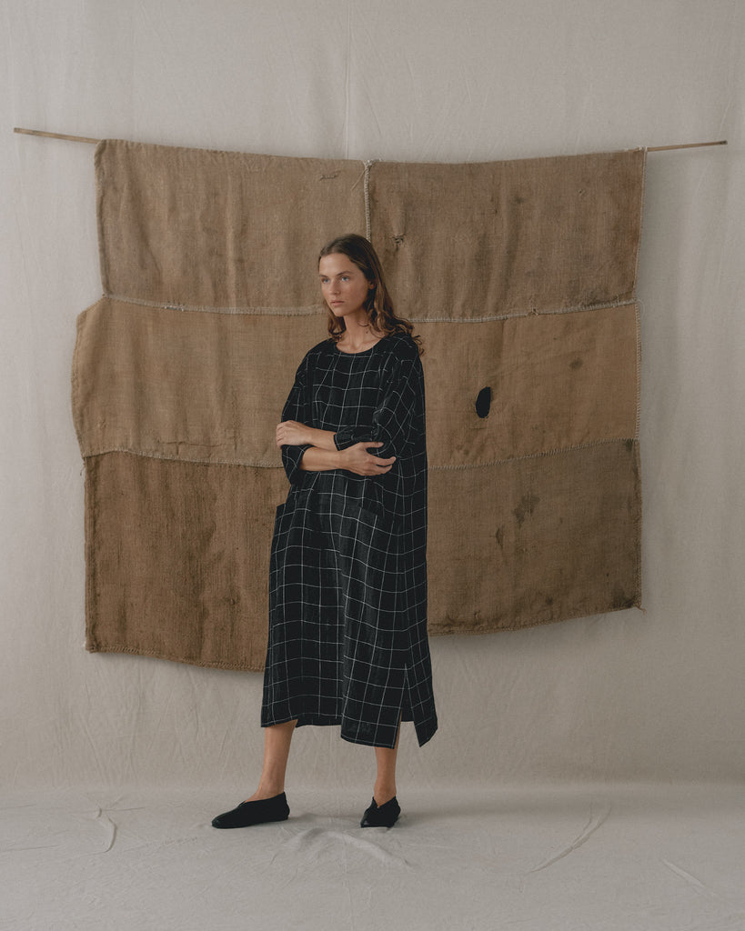 Black Checked Front Pockets Dress C1113